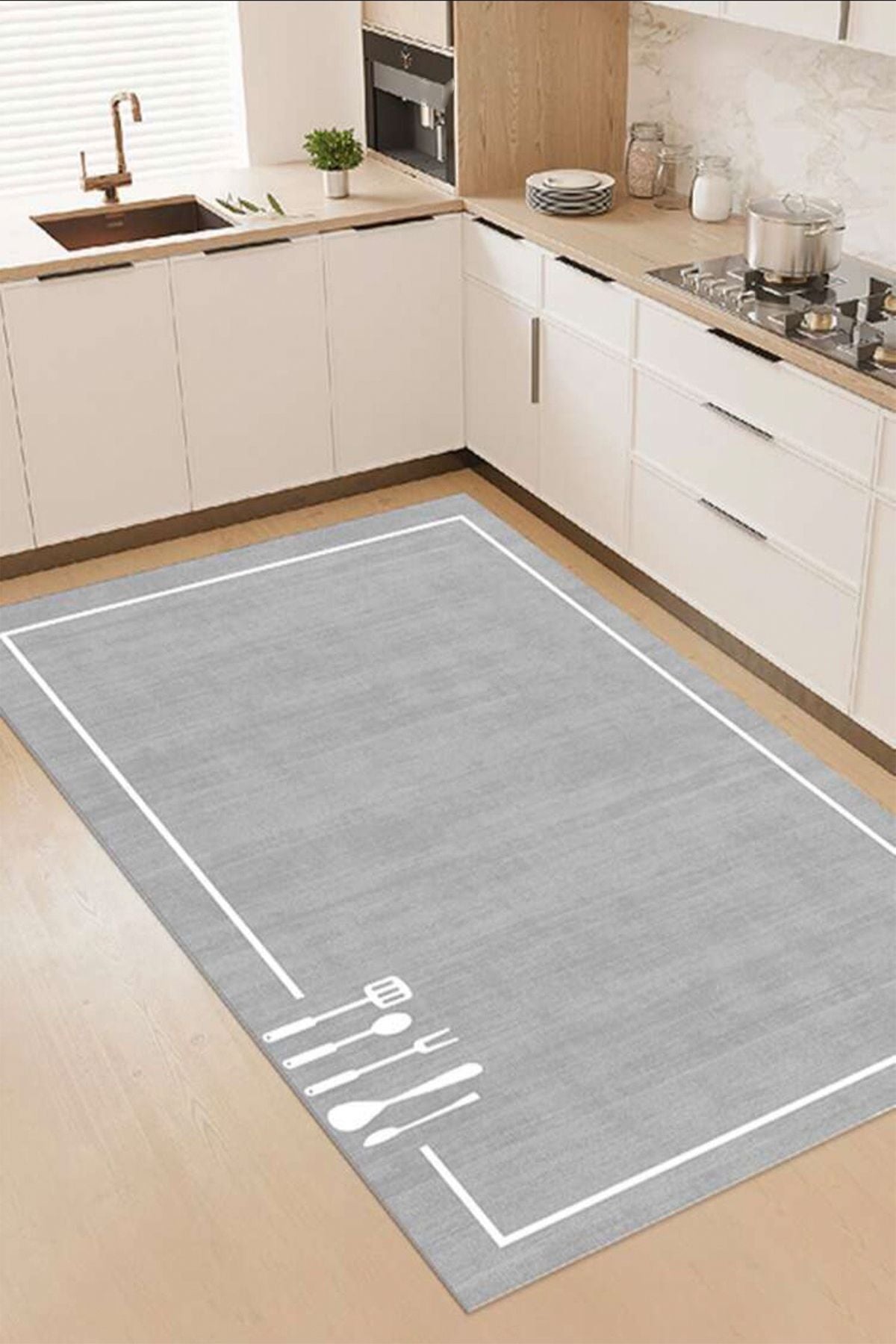 Decomia Home Digital Non-Slip Washable Modern Framed Kitchen Rug Grey Kitchen Rug Dc-5055 1