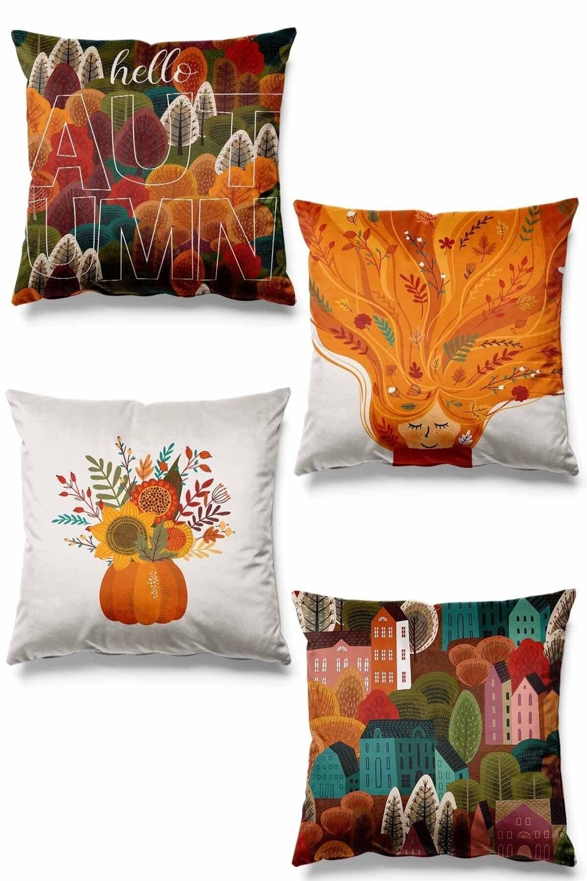 Pilloveland Double-Sided Printed Autumn Pattern 4-Piece Suede Cushion Cover Set 1