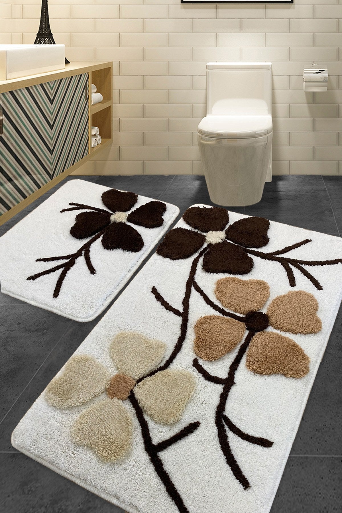 Acrylic Bathmat Set (2 Pieces) Kırcicegi - Beige Multicolor 359CHL2245 1