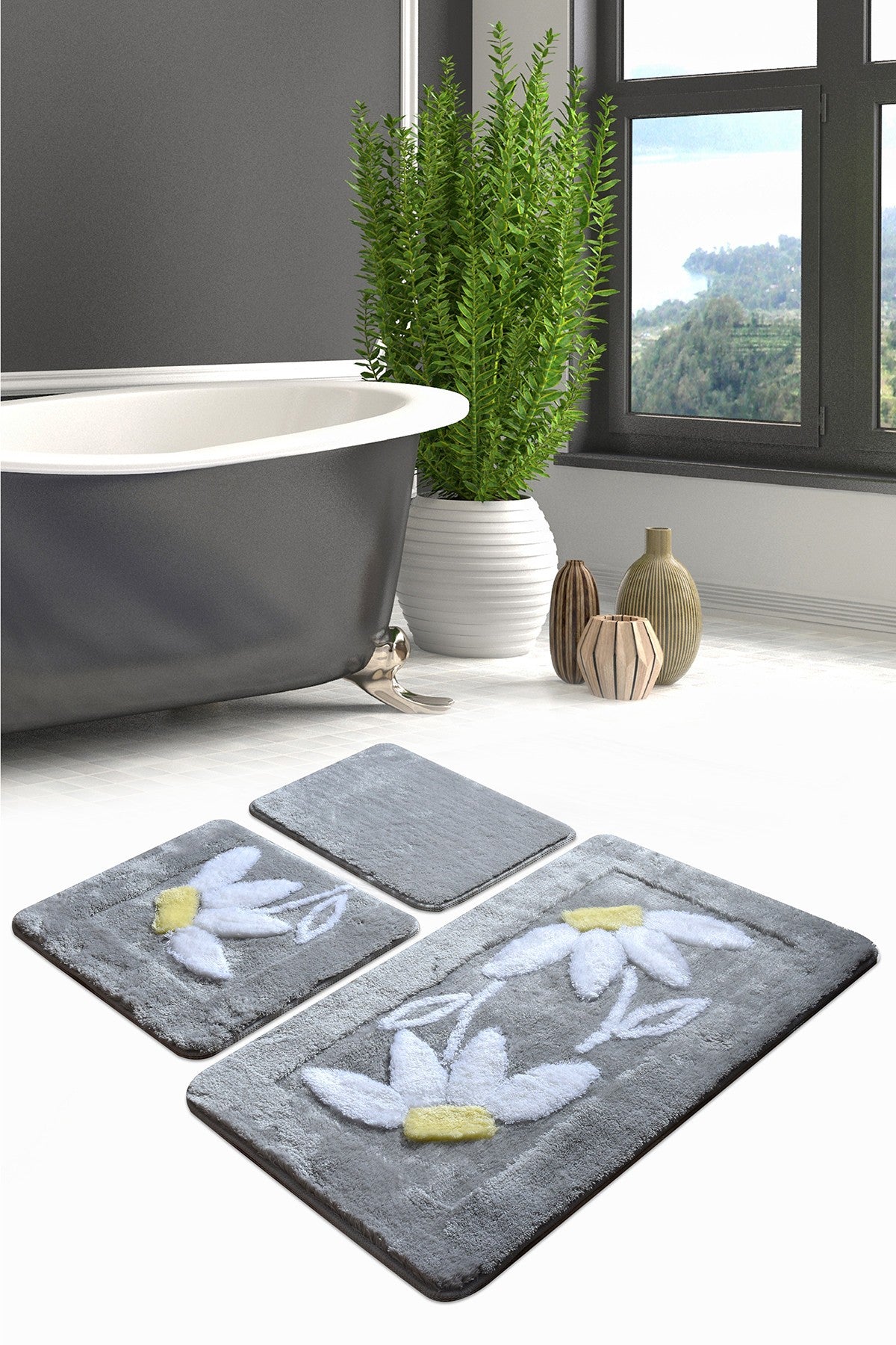 Acrylic Bathmat Set (3 Pieces) Daisy - Grey Multicolor 359CHL3143 1