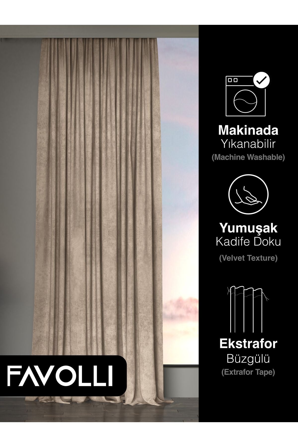 FAVOLLİ Velvet Textured Sahara Beige Ada Curtain with Extra Pleat Dream Series 3