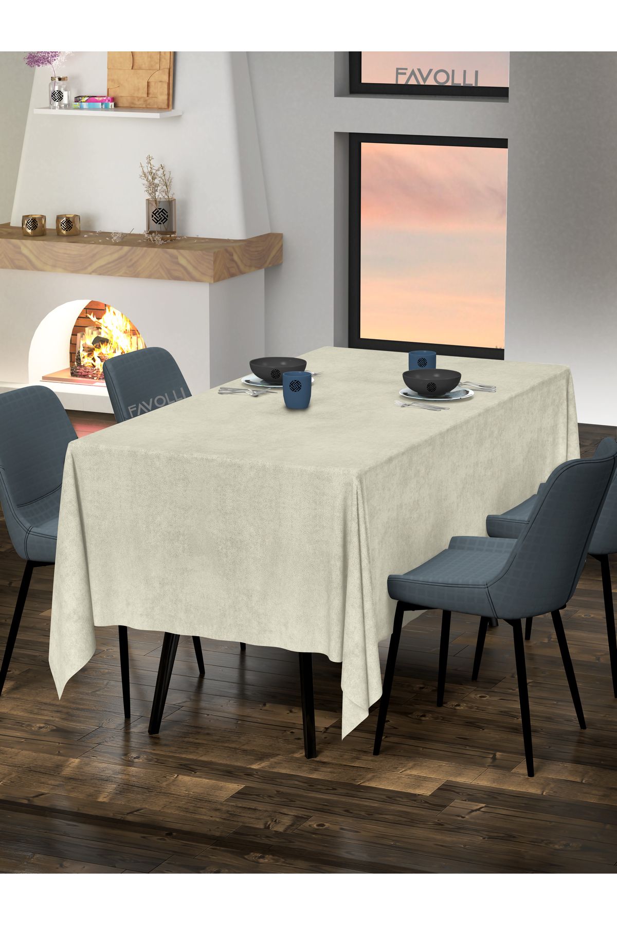 FAVOLLİ Velvet Textured Cream Tablecloth 2