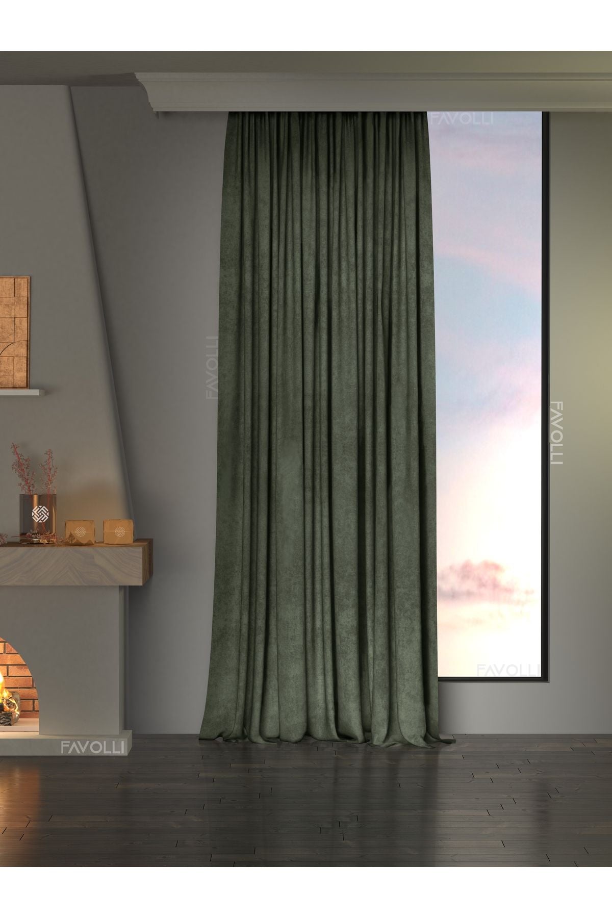 FAVOLLİ Velvet Textured Olive Leaf Color Ada Curtain Extra Pleated Dream Series 1