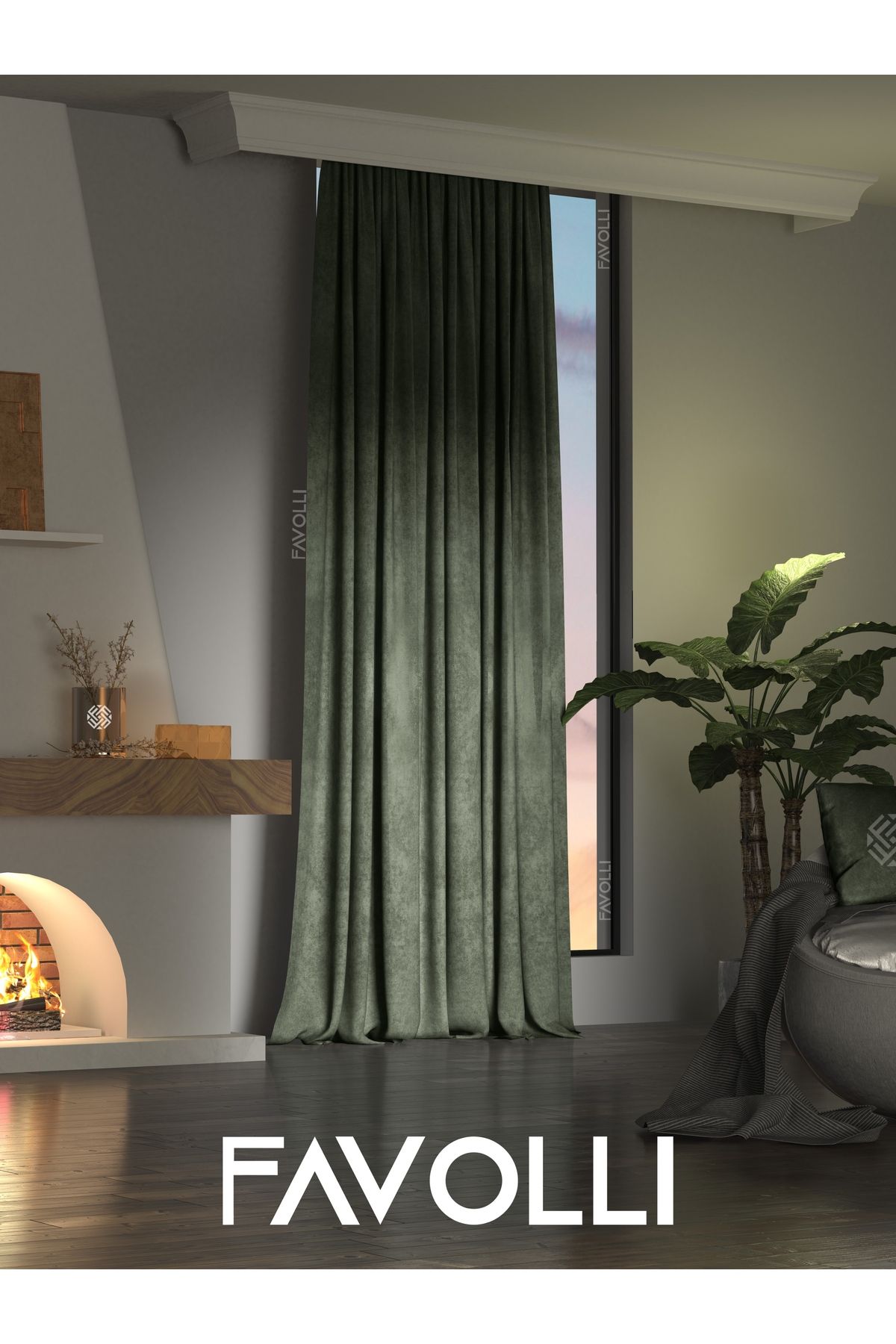 FAVOLLİ Velvet Textured Olive Leaf Color Ada Curtain Extra Pleated Dream Series 2