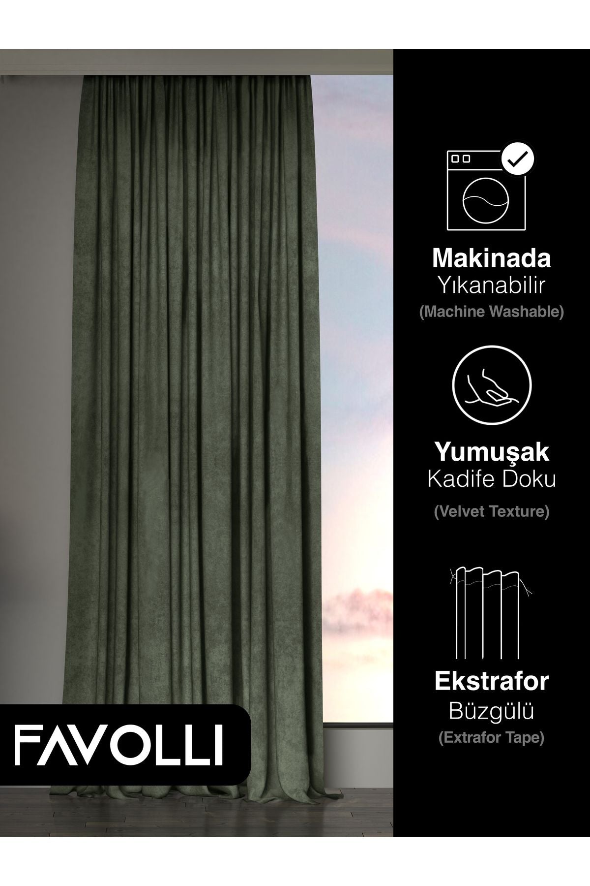 FAVOLLİ Velvet Textured Olive Leaf Color Ada Curtain Extra Pleated Dream Series 3