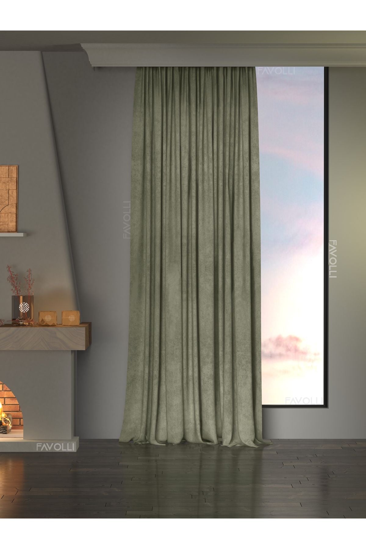 FAVOLLİ Velvet Textured Sage Green Decorative Curtain Extra Pleated Dream Series 1