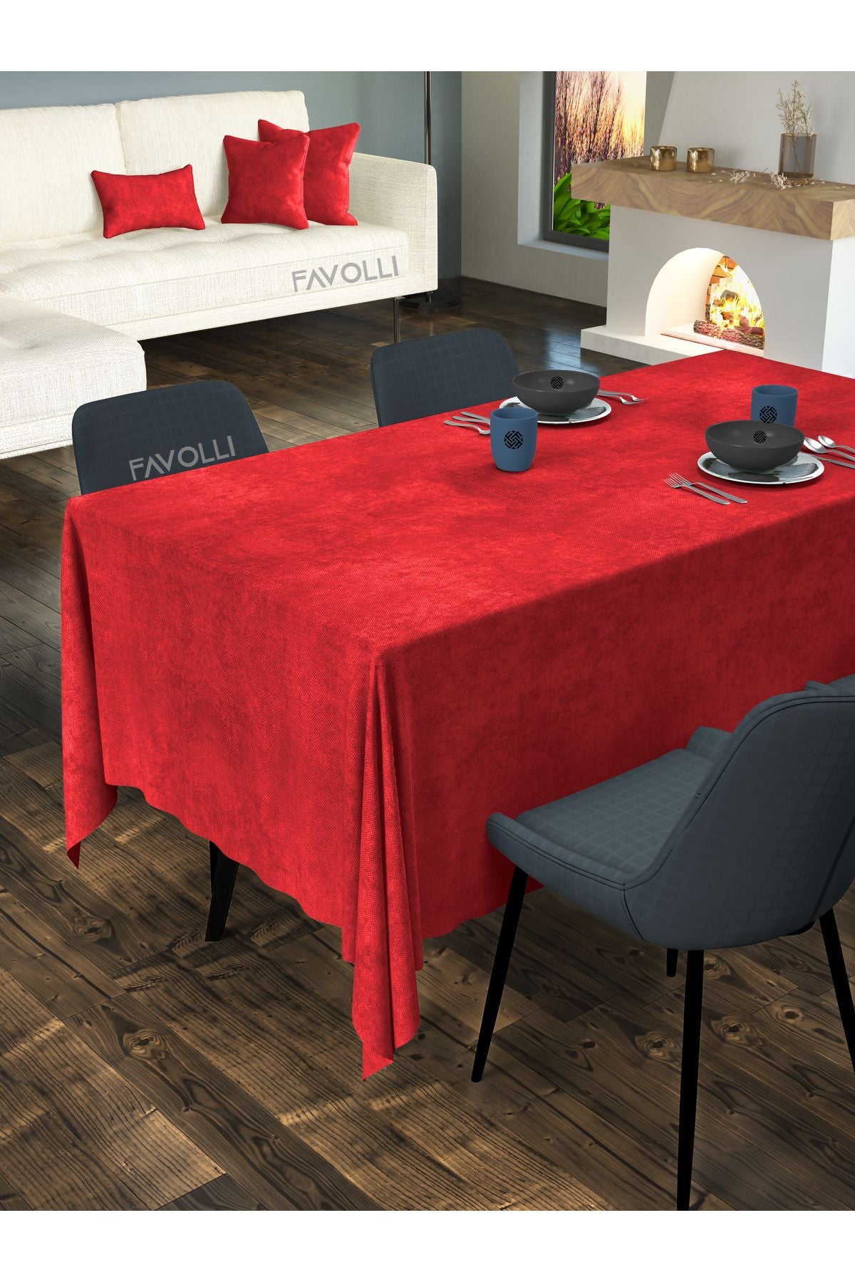 FAVOLLİ Velvet Textured Red Tablecloth 1