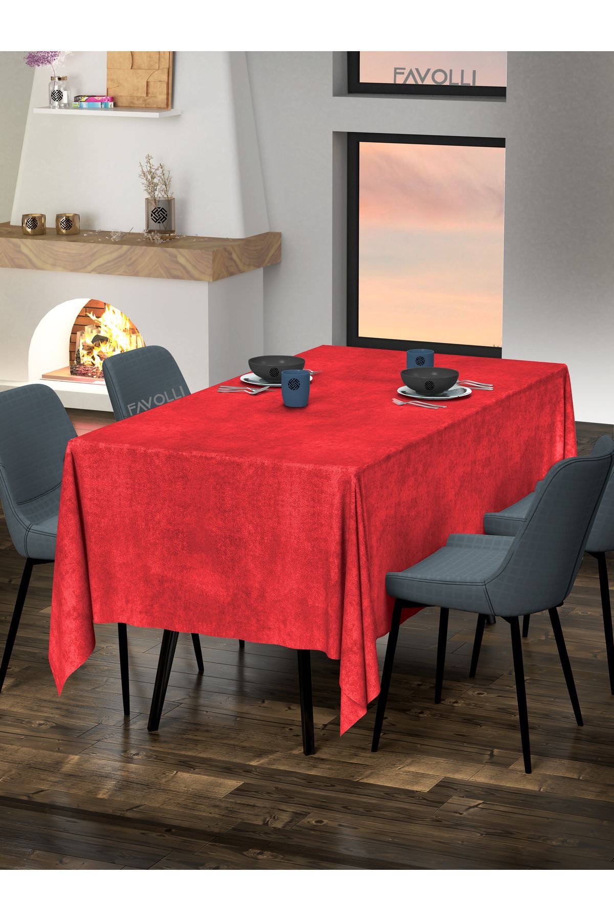 FAVOLLİ Velvet Textured Red Tablecloth 2