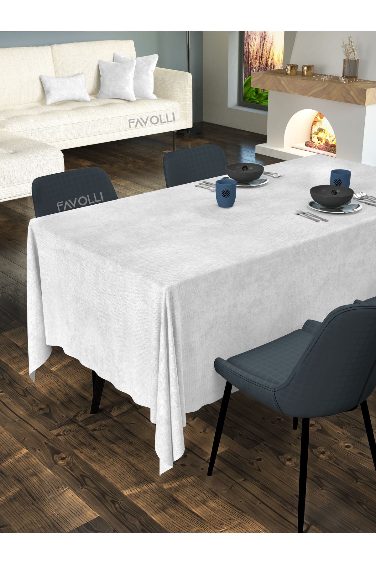 Favolli Velvet Textured White Tablecloth 1