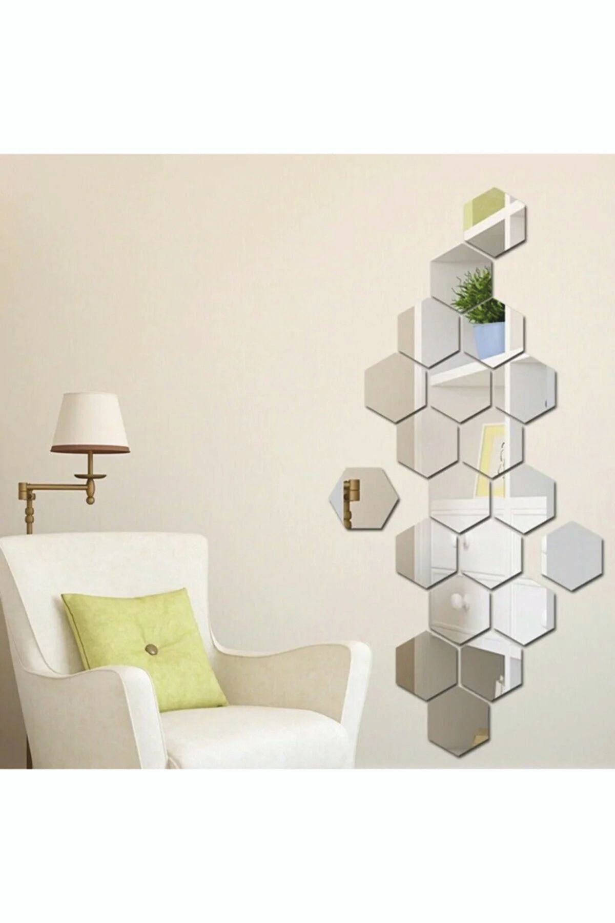 Hediyesepetin Honeycomb Silver Decorative Hexagon 12x Acrylic Mirror 7.5x8.5cm Entrance Wall Plexi with Adhesive Tape 1