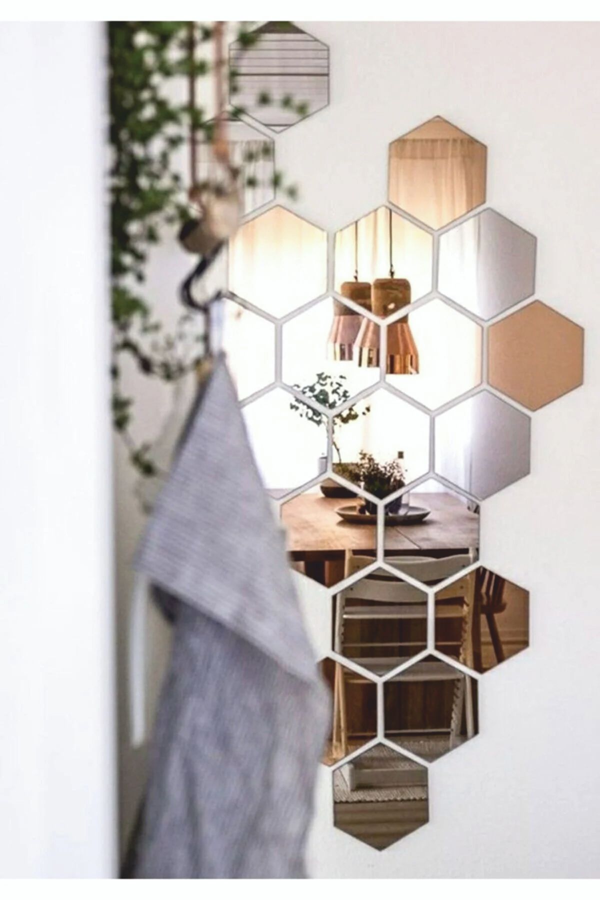 Hediyesepetin Honeycomb Silver Decorative Hexagon 12x Acrylic Mirror 7.5x8.5cm Entrance Wall Plexi with Adhesive Tape 4