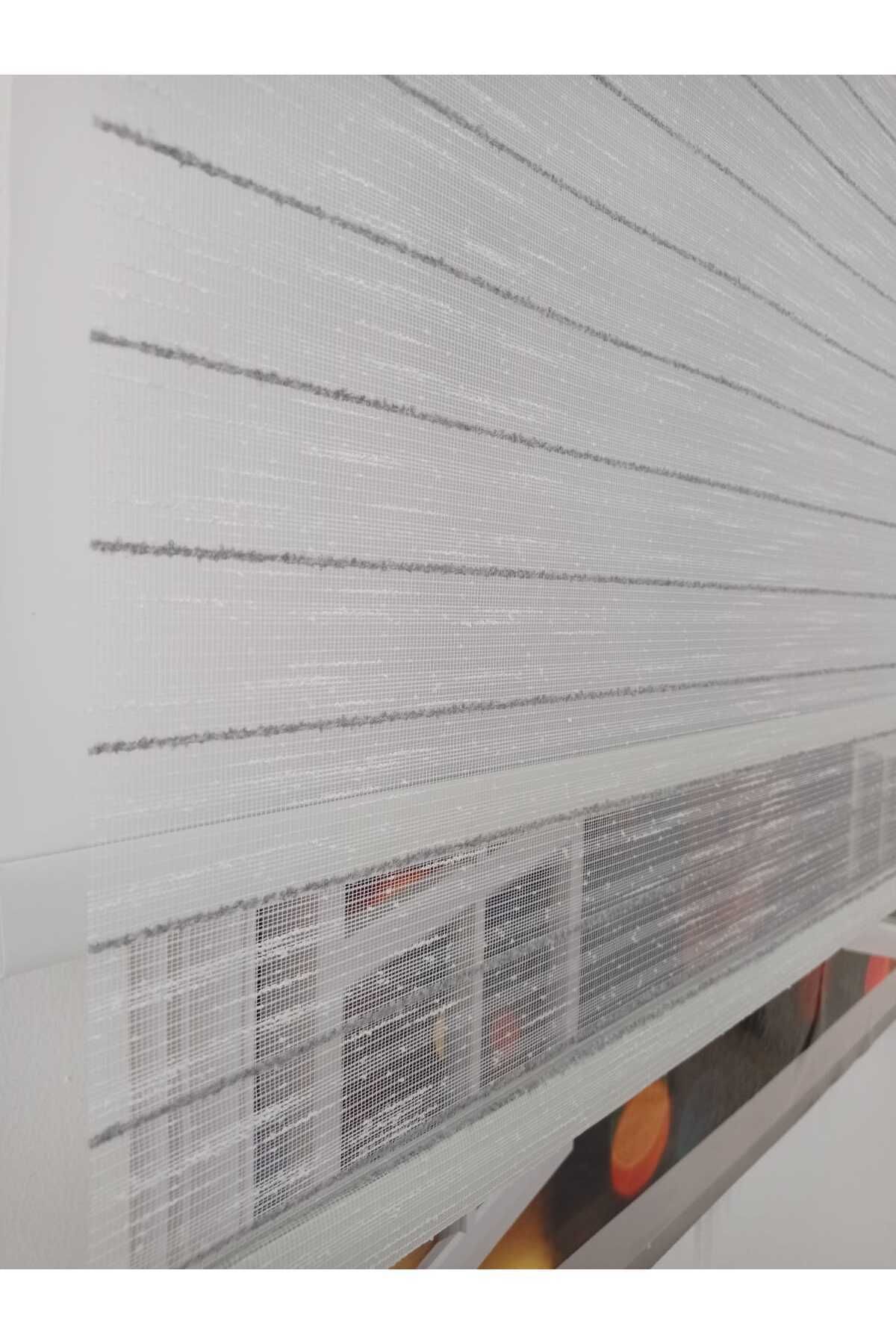 BUUT Double Mechanism Grey Stripe Pattern Tulle, White Polyester Roller Blind 2