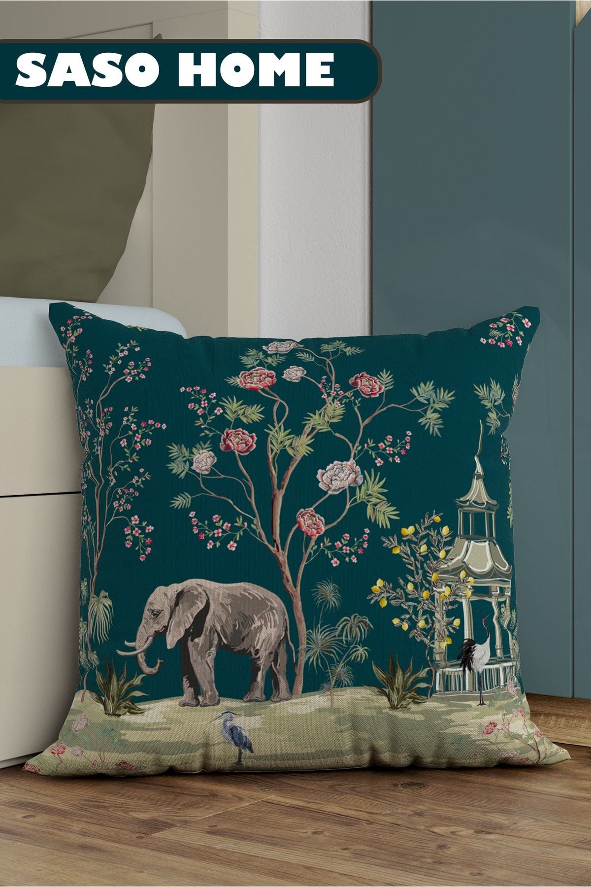 SasoHome Turquoise Elephant And Roses Pattern Decorative Gift Pillowcase - Cushion Cover 1