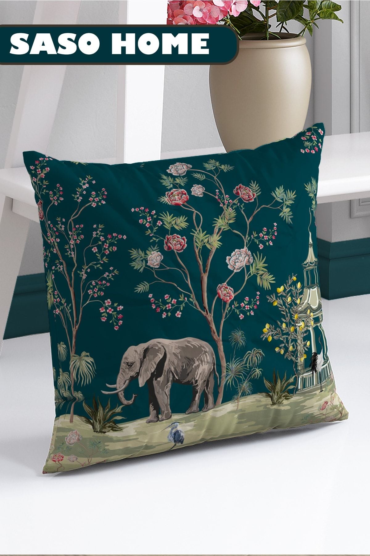 SasoHome Turquoise Elephant And Roses Pattern Decorative Gift Pillowcase - Cushion Cover 3