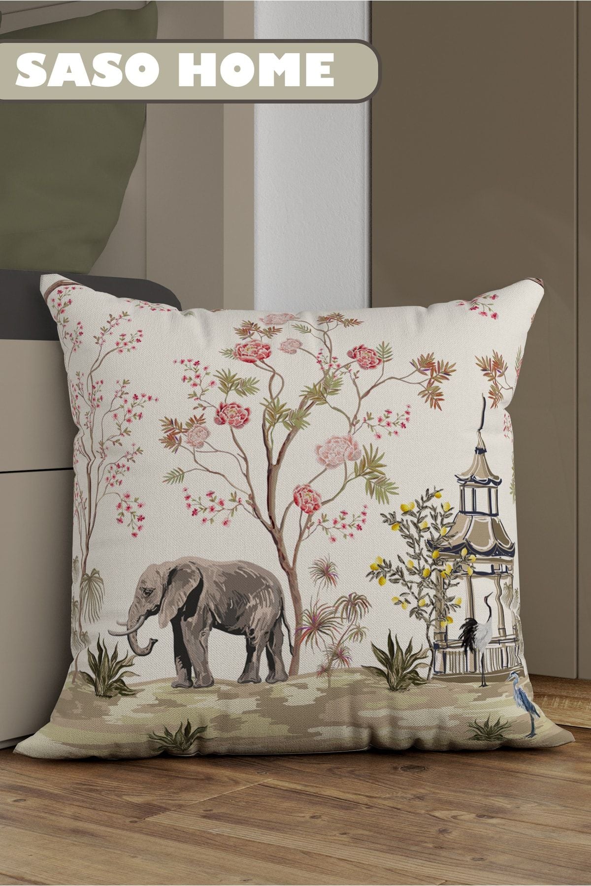 SasoHome Cream Elephant And Roses Pattern Decorative Gift Pillow Cover - Cushion Cover 1