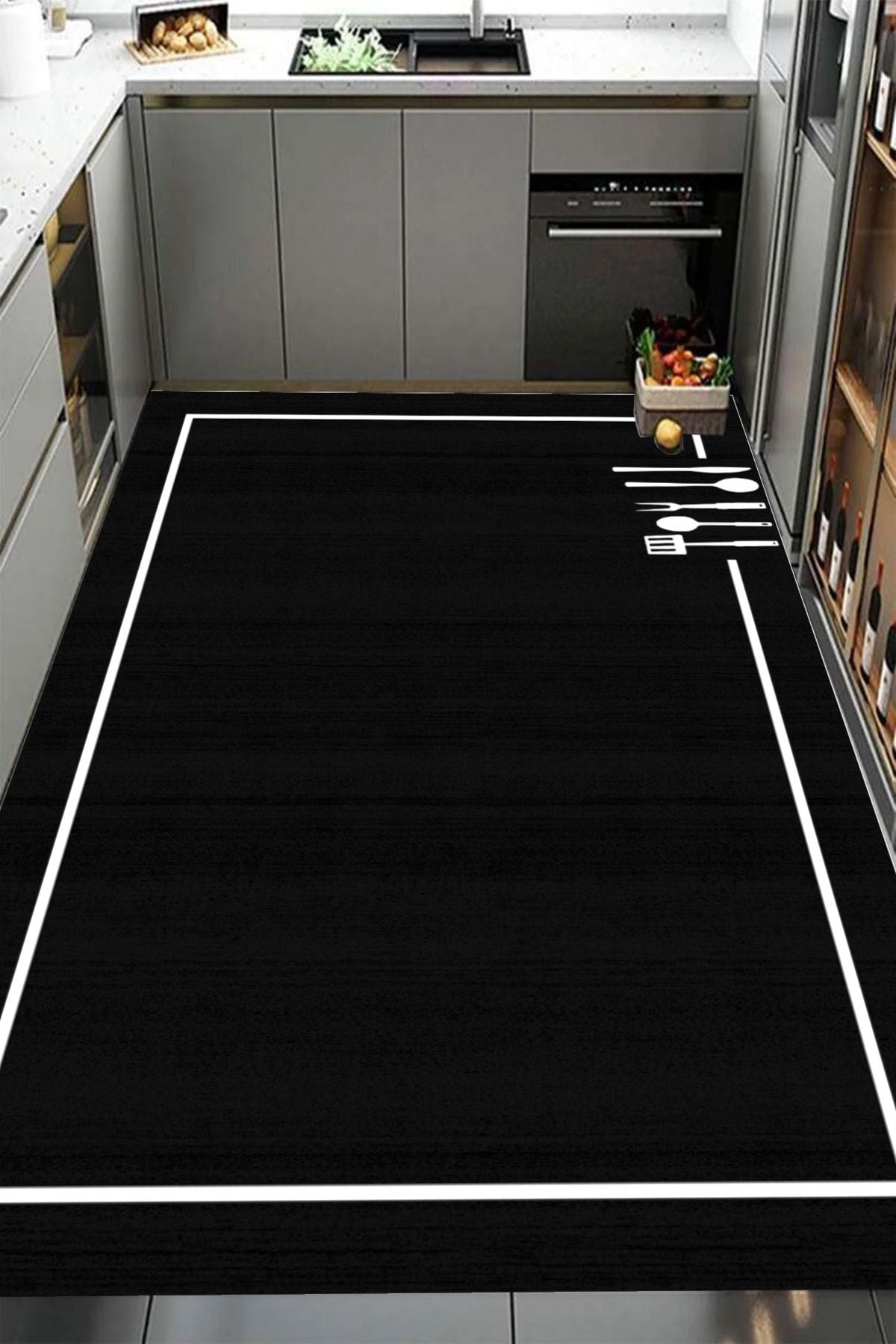 Decomia Home Digital Non-Slip Washable Modern Framed Kitchen Rug Black Kitchen Rug Dc-5057 2