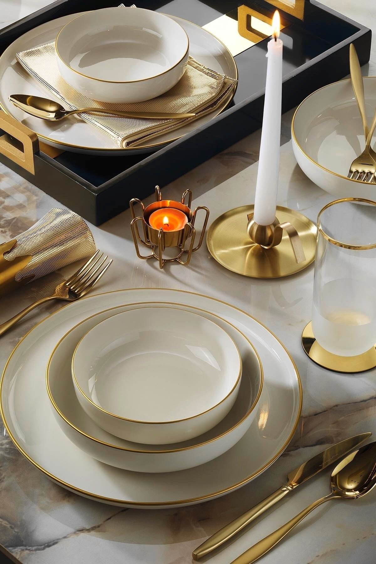 Kütahya Porselen Moderna 18 Piece 6 Person Dinner Set Gold Mesh 1