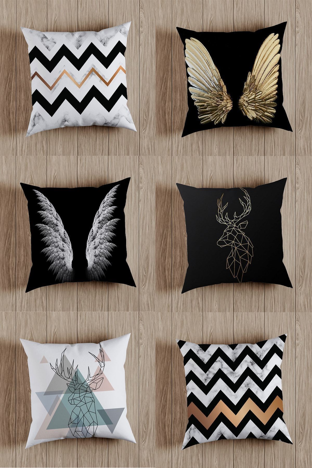 BY Fatih Concept Double-Sided Printed Black Wing And Deer Themed Special Design Decorative Pillow Case Set of 6 1