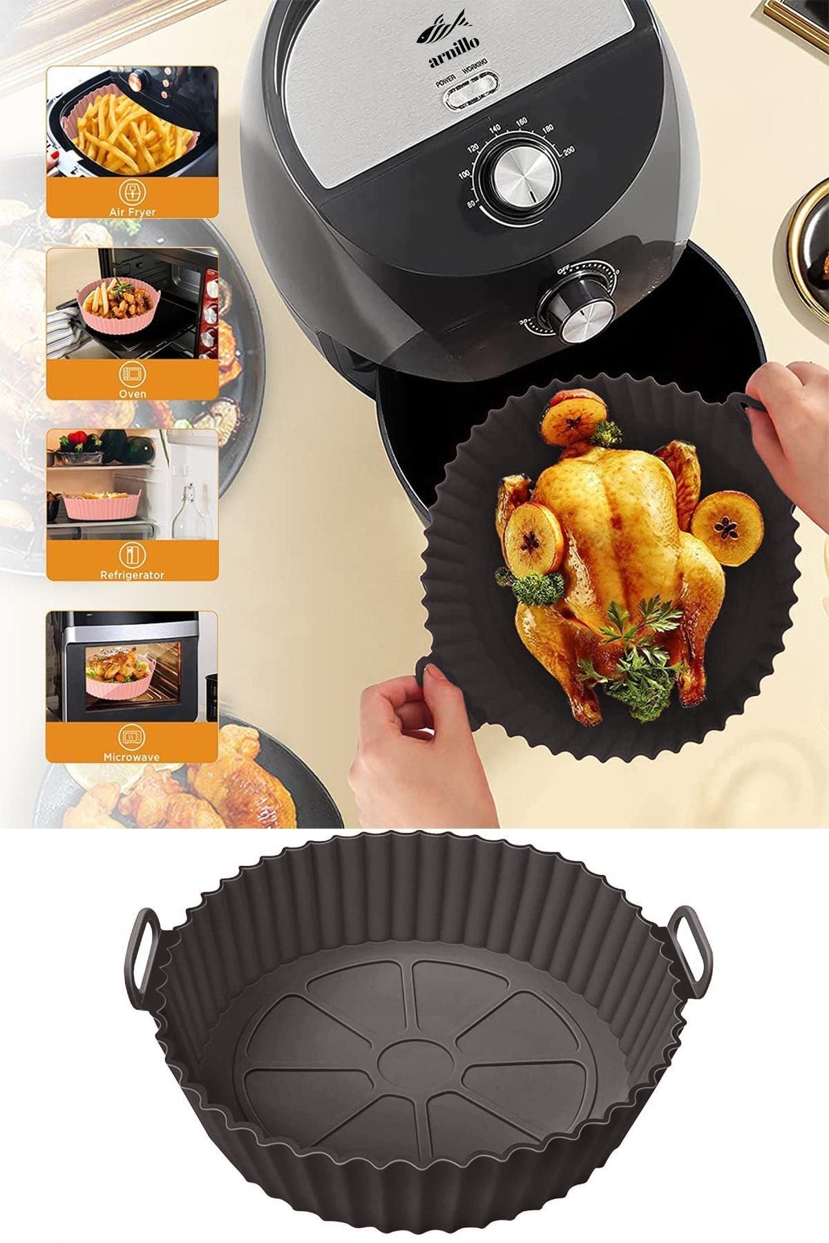 ARNILLO Airfryer Silicone Baking Tray - Air Fryer Tray - Airfryer Accessory - Compatible with All Airfryers 1