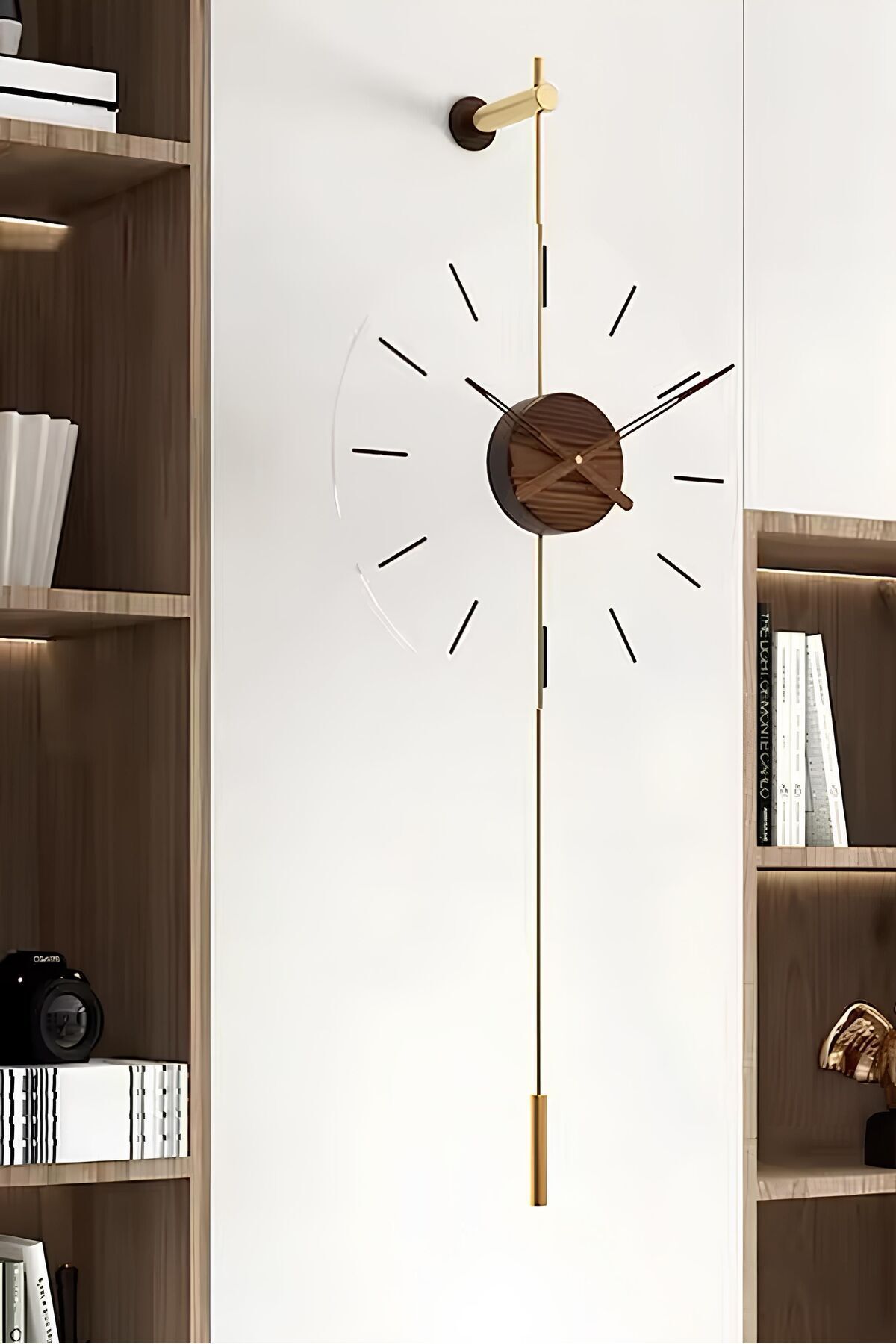 MetaQuartz Gravity Walnut Center Gold Wall Clock, Modern Metal and Glass Design Wall Clock 1