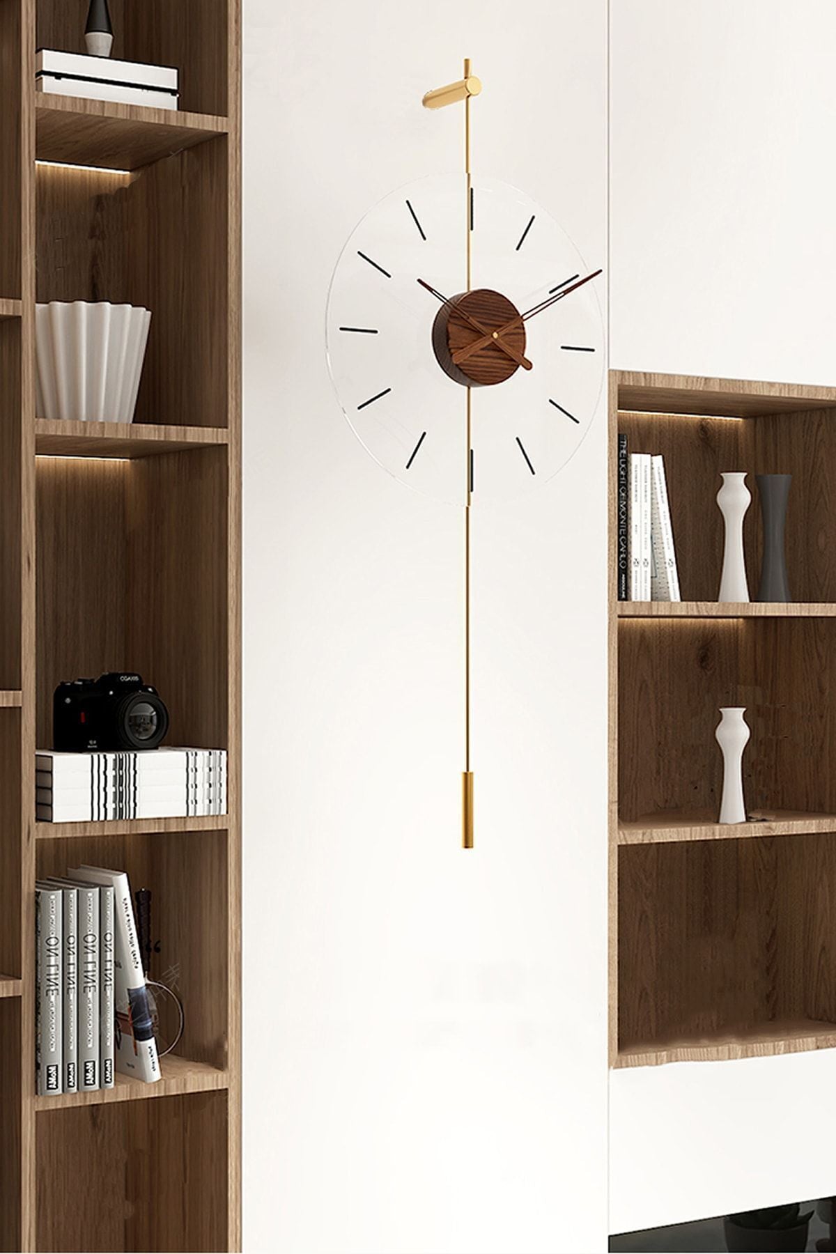 MetaQuartz Gravity Walnut Center Gold Wall Clock, Modern Metal and Glass Design Wall Clock 8