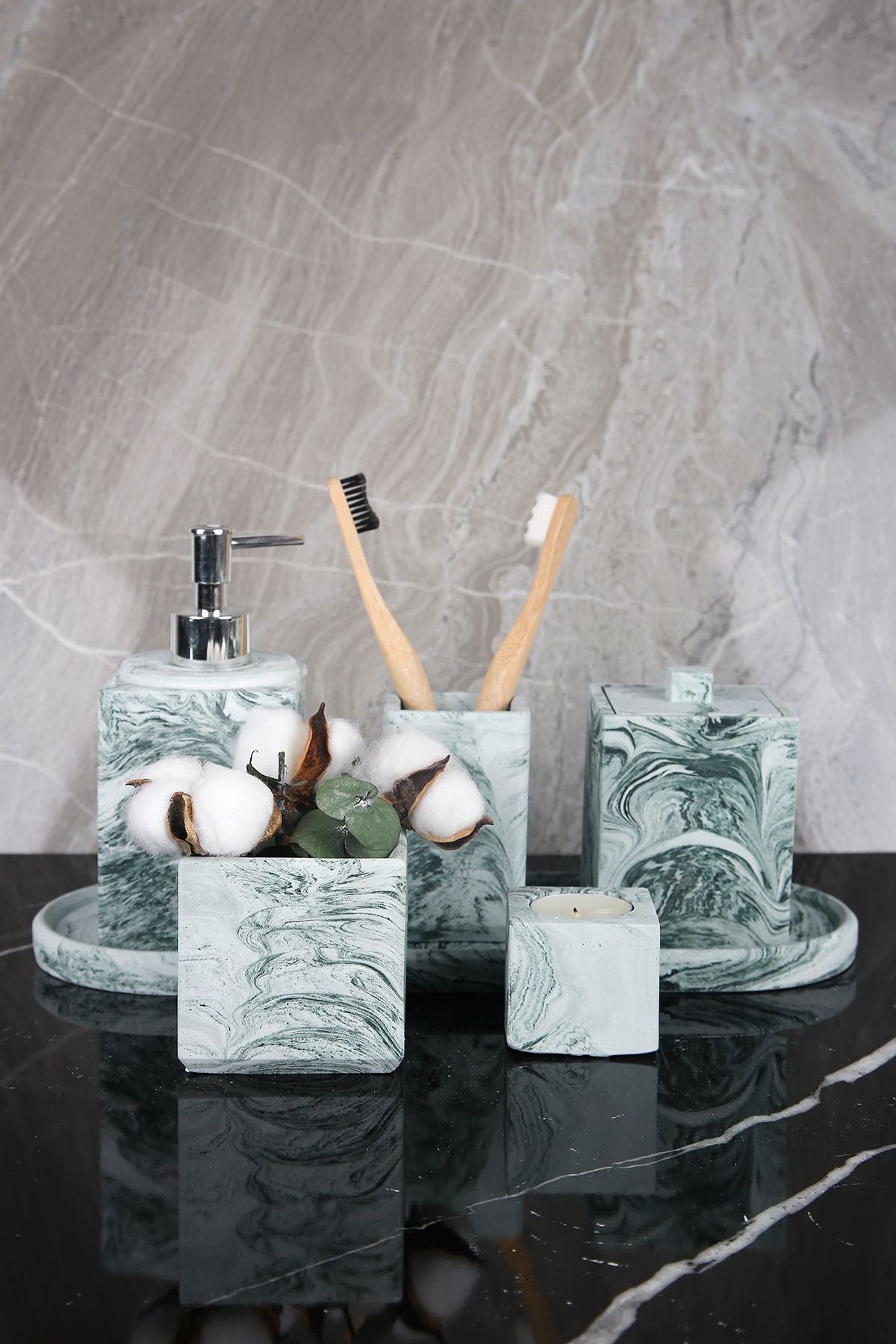 Betonmall 7 Piece Marble Pattern Concrete Bathroom Set Liquid Soap Dispenser Toothbrush Holder Cotton Holder Candle Holder Tray Pot 1