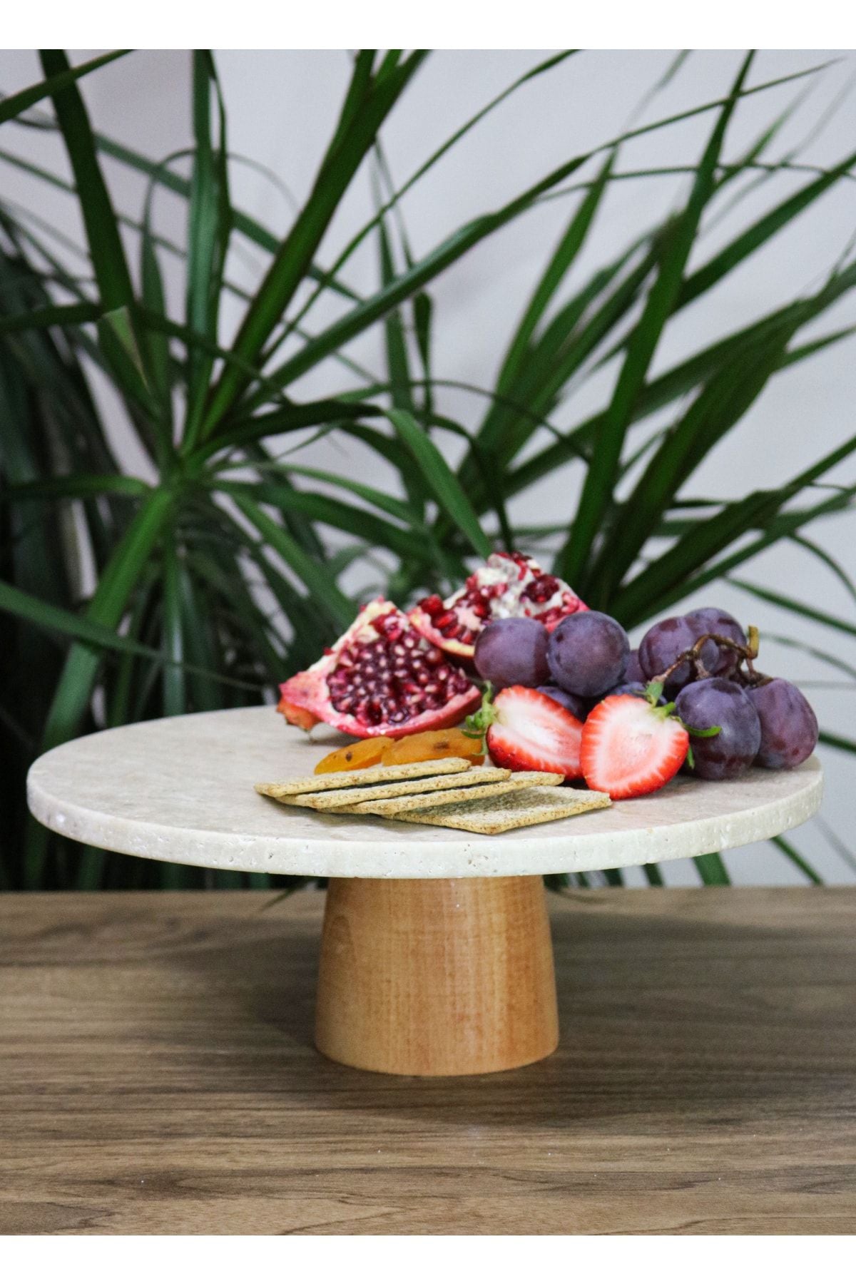 Gemboss Natural Marble Cake Stand, Wooden Leg Cake Stand, Marble Serving Plate, Marble Cheese Plate 28 Cm 1