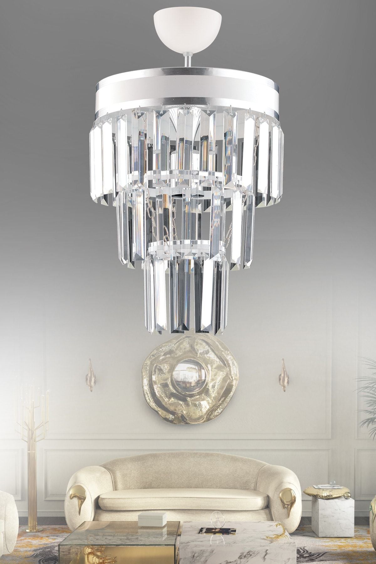 KUZEY AYDINLATMA Çağla Single White Three-Tier Crystal Chandelier 1