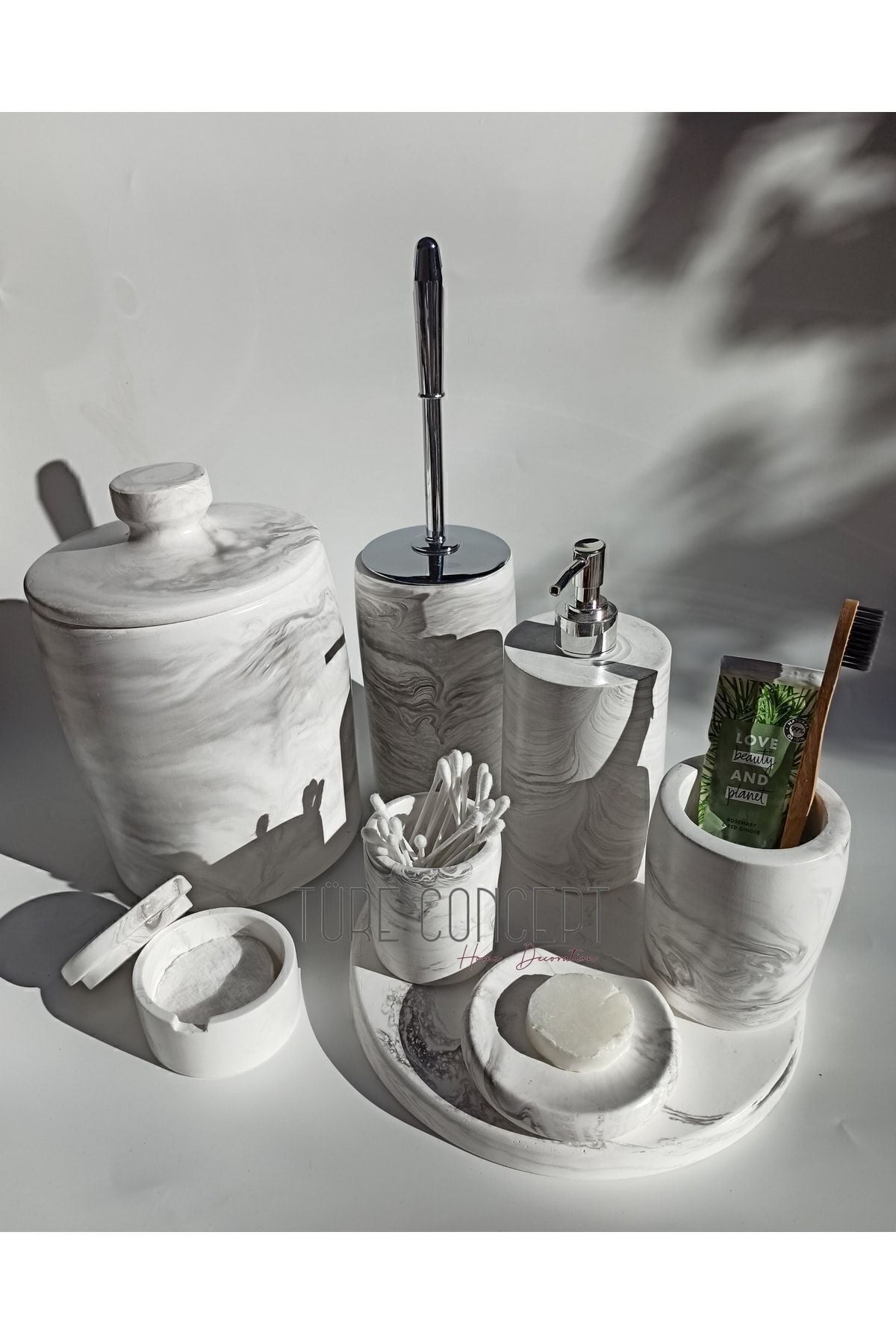 Ture Concept Marble Look Bathroom Set Trash Can, Toilet Brush, Tray, Soap Dispenser, Cotton Holder, Stick Holder 2