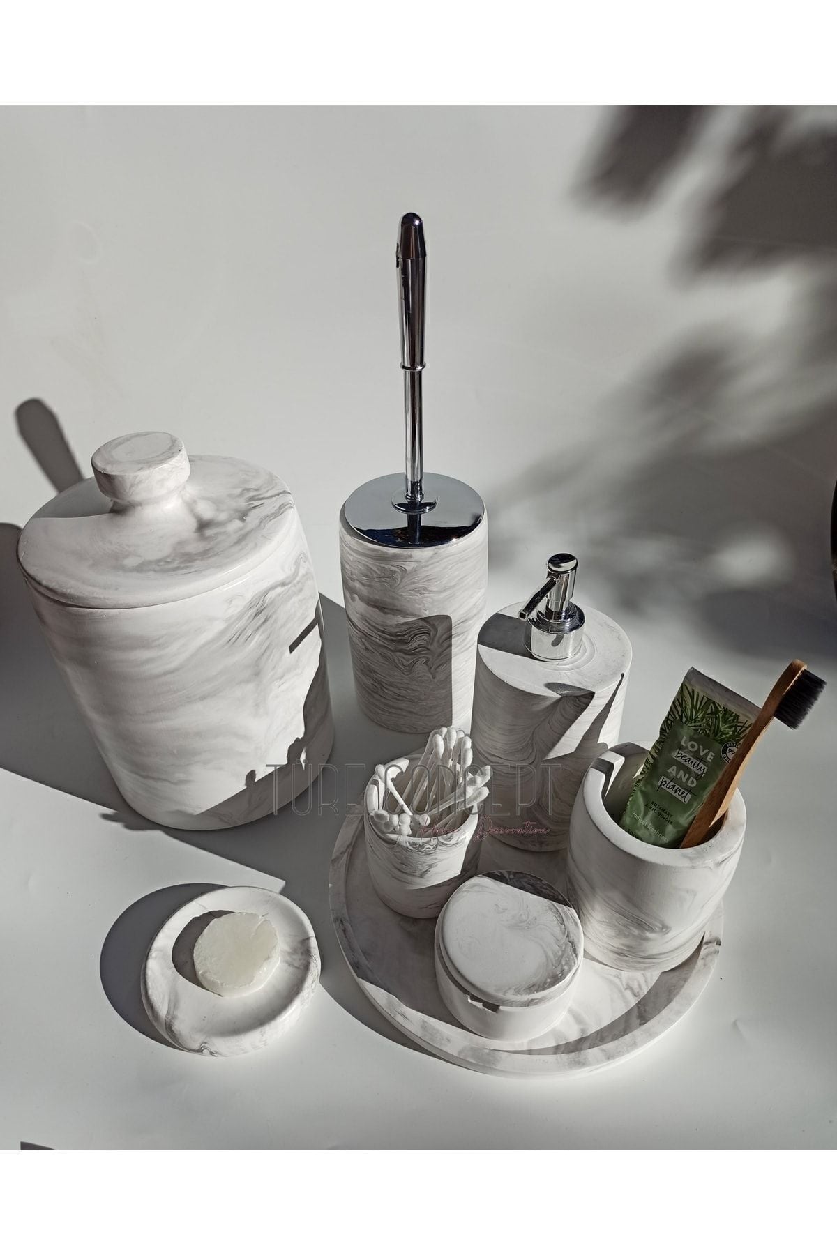 Ture Concept Marble Look Bathroom Set Trash Can, Toilet Brush, Tray, Soap Dispenser, Cotton Holder, Stick Holder 3