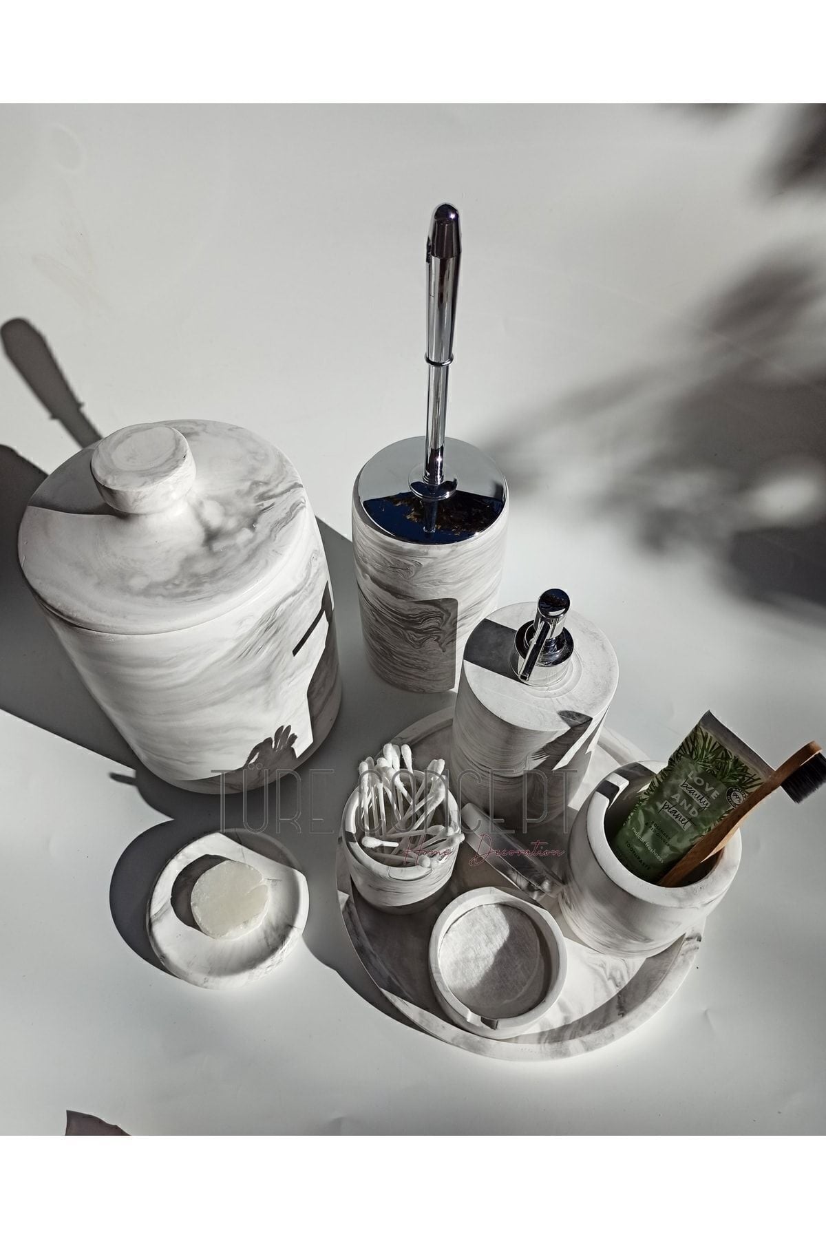 Ture Concept Marble Look Bathroom Set Trash Can, Toilet Brush, Tray, Soap Dispenser, Cotton Holder, Stick Holder 4