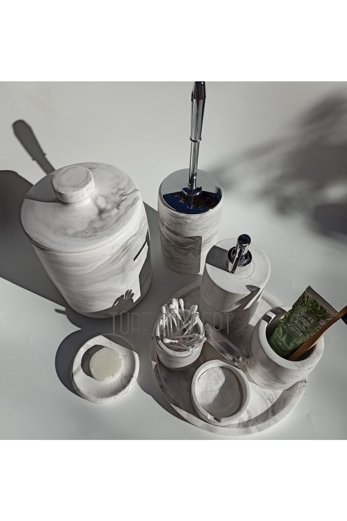 Ture Concept Marble Look Bathroom Set Trash Can, Toilet Brush, Tray, Soap Dispenser, Cotton Holder, Stick Holder 5