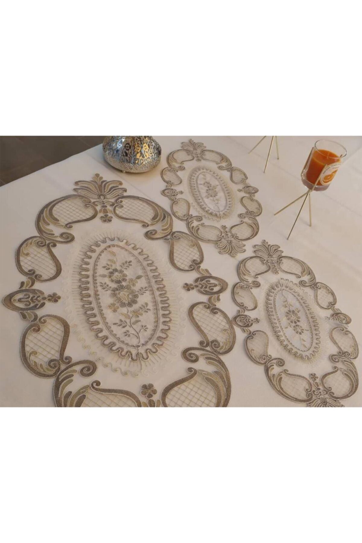 Çeyiz Diyarı Krem Gold Silk Embroidered Bedroom Set 2