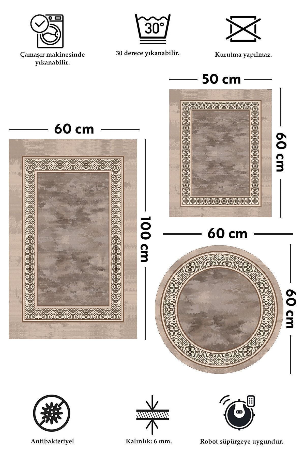 ALAADDİN CARPET Non-Slip, Stain-Resistant, Washable 3-Piece (60x100) 2 (50x60) Bathroom Rug Set 2