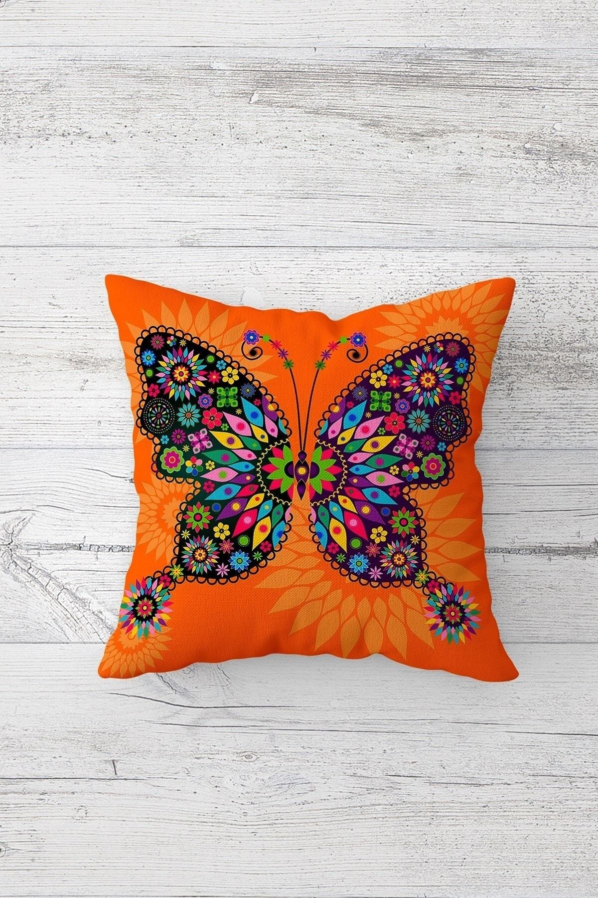 Latibule Butterfly And Flowers Patterned Vintage Hidden Zipper Cushion Cover Set (4 Pieces) 3