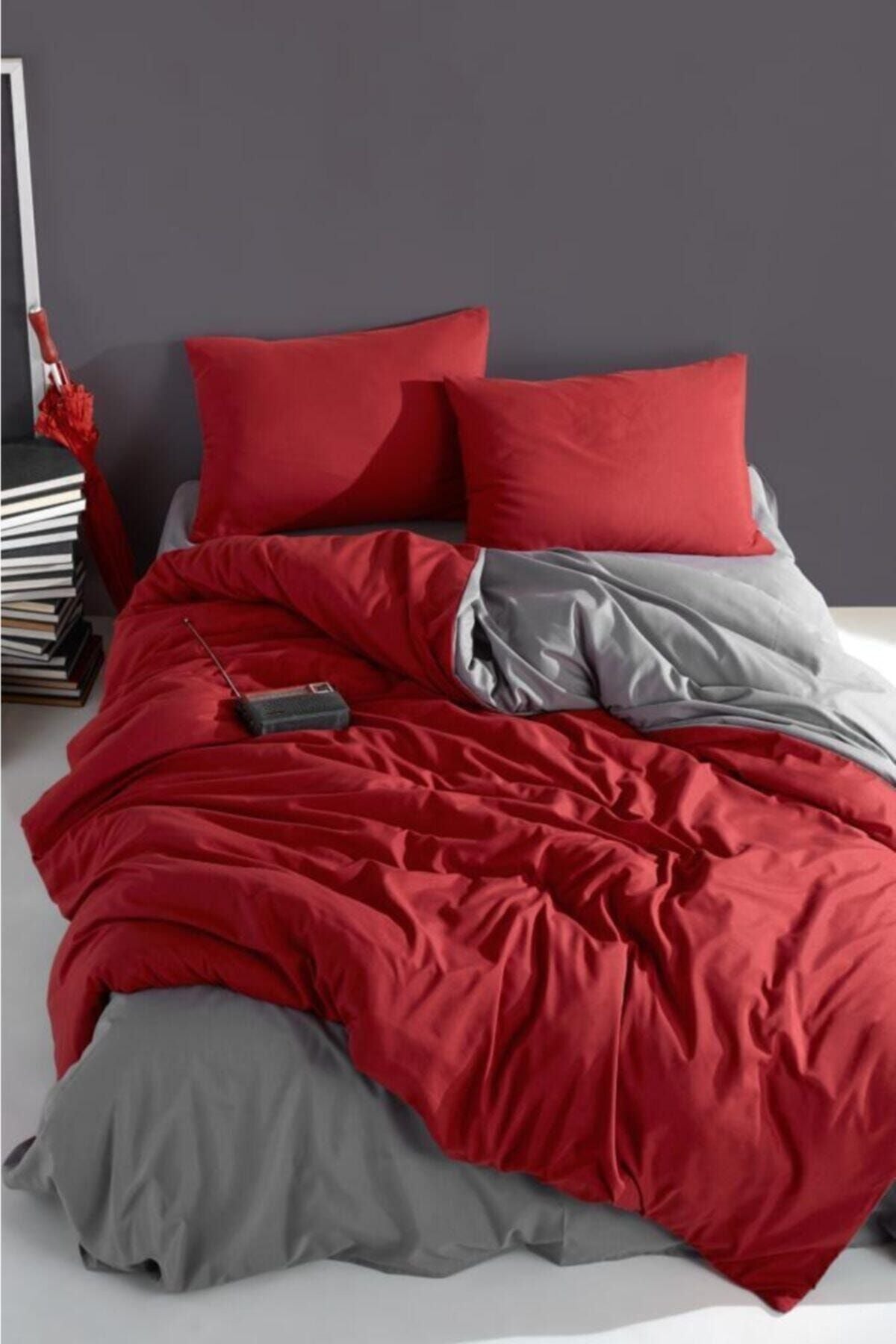 LadyModa Red&Grey Double Size 100% Cotton Duvet Cover Set 1