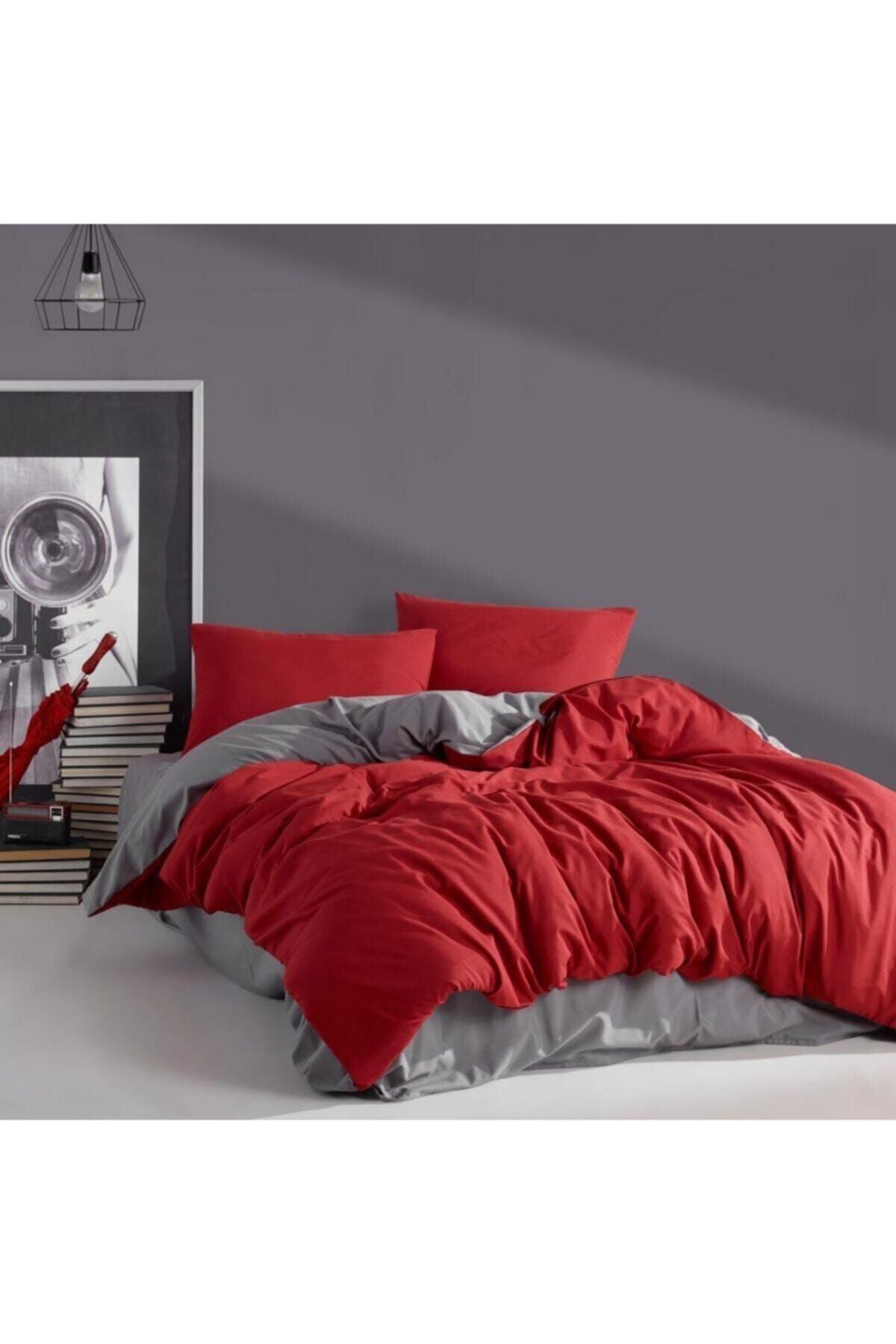 LadyModa Red&Grey Double Size 100% Cotton Duvet Cover Set 3