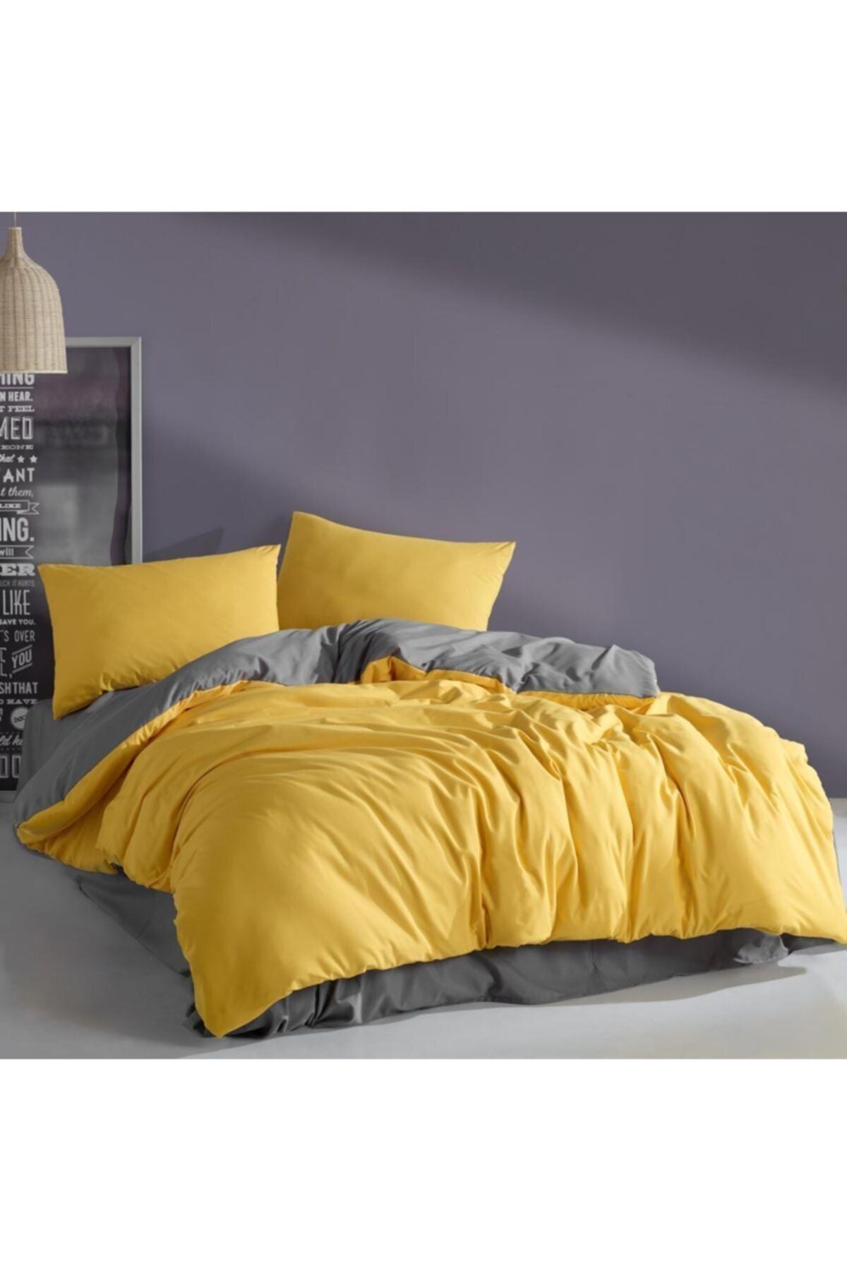 LadyModa Yellow&Grey Double Size 100% Cotton Duvet Cover Set 3