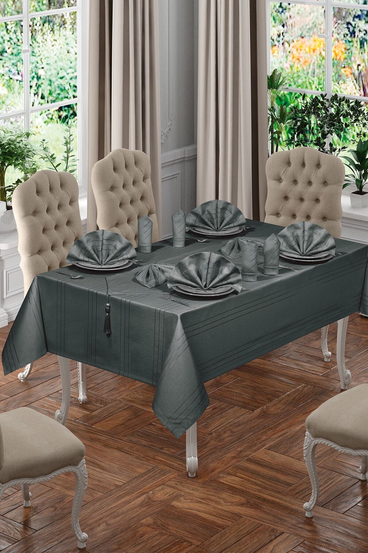 BİRHOME Lux Colber Tablecloth Set for 12 People (Smoke) 1