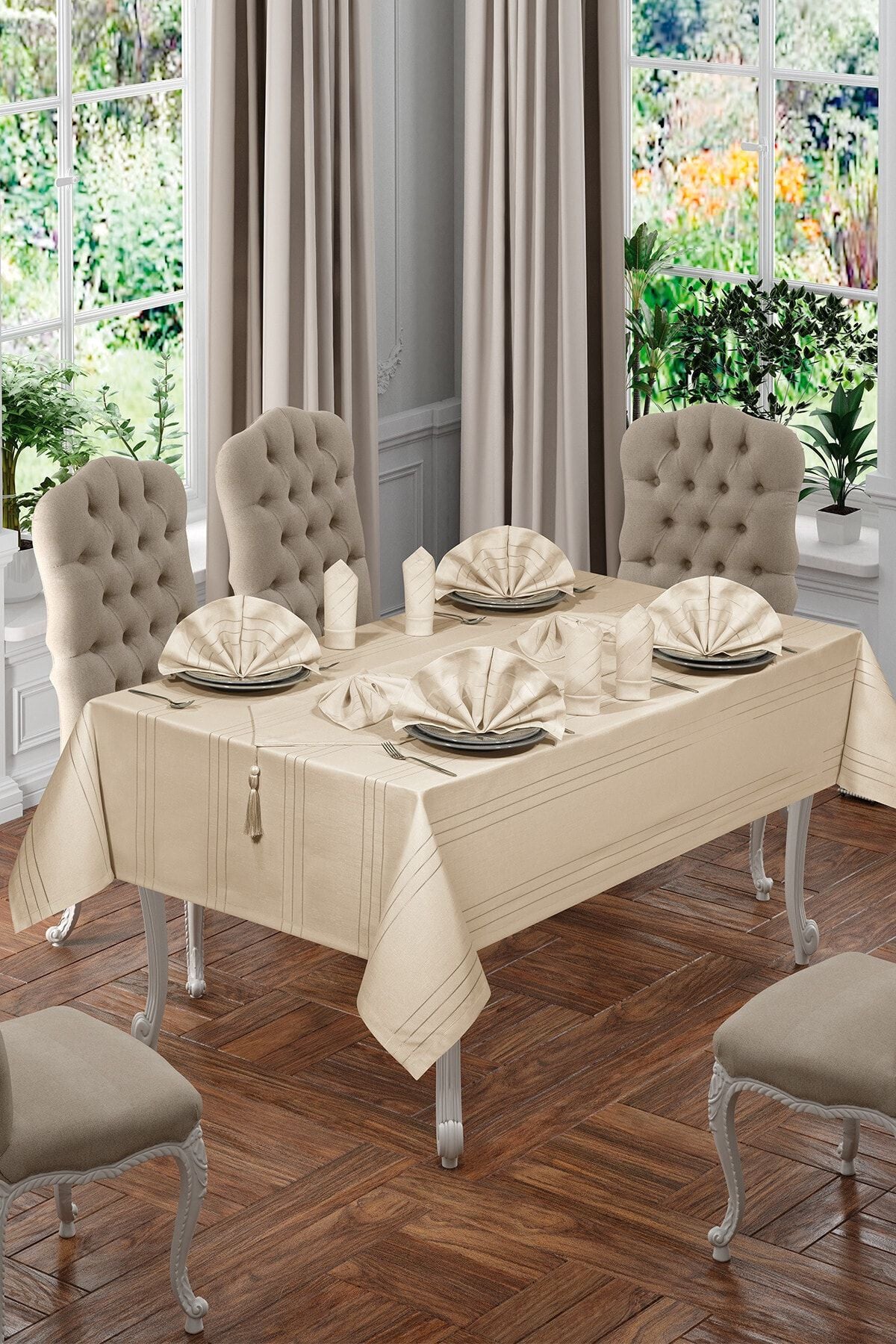 BİRHOME Lüx Colber Tablecloth Set for 12 People (Cappuccino) 1