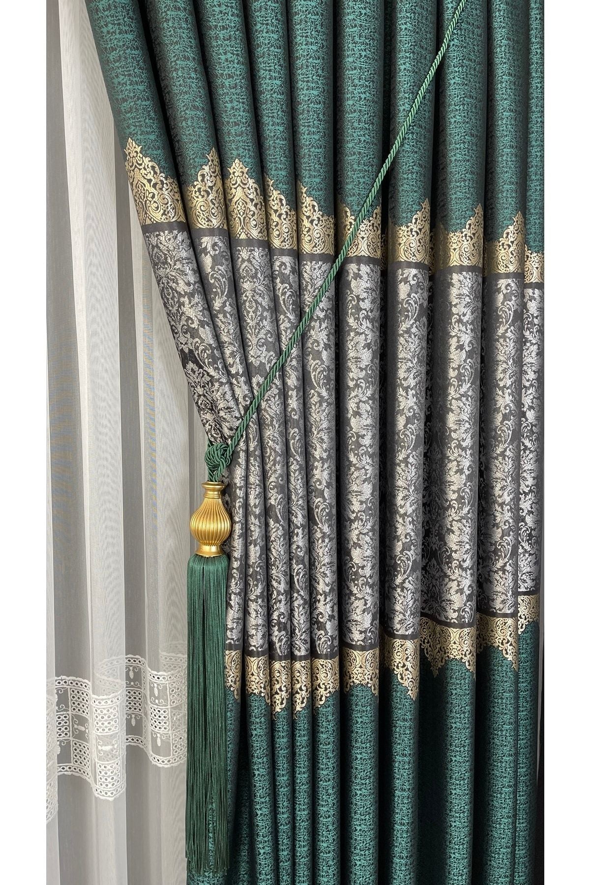 Yuka Pano Fon Curtain Emerald Green Grey Single Panel Dense Pleated Jacquard Shiny Pattern 80 X 280 3