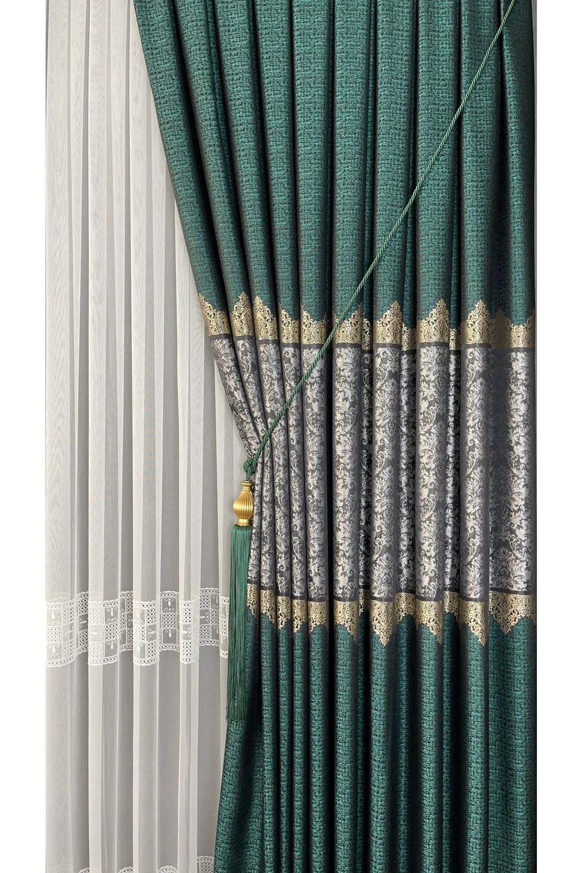 Yuka Pano Fon Curtain Emerald Green Grey Single Panel Dense Pleated Jacquard Shiny Pattern 80 X 280 4