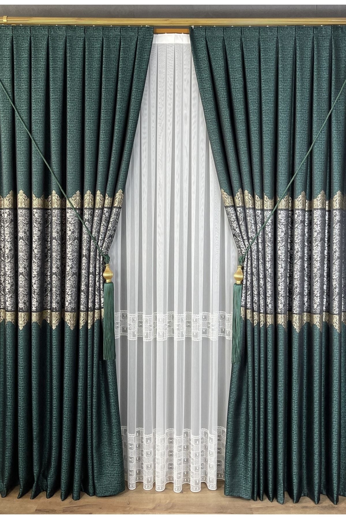 Yuka Pano Fon Curtain Emerald Green Grey Single Panel Dense Pleated Jacquard Shiny Pattern 80 X 280 5