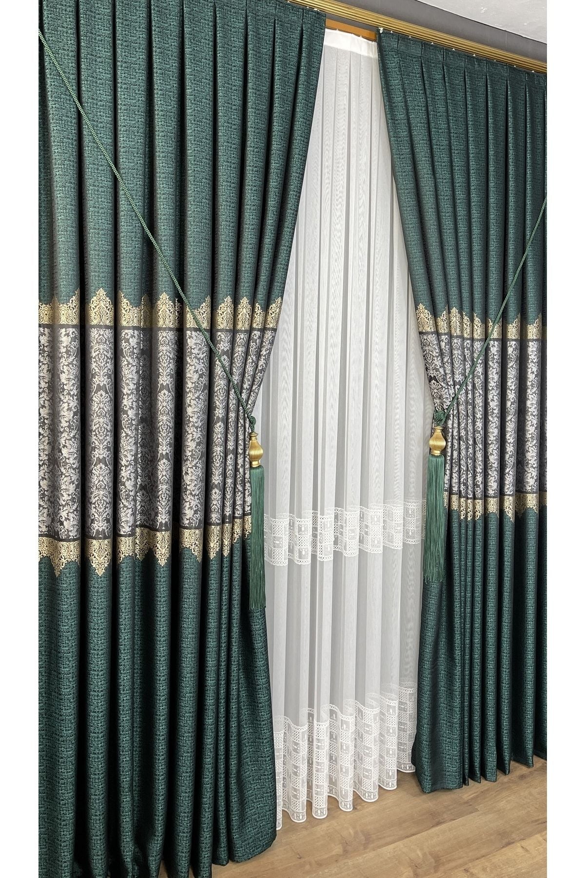 Yuka Pano Fon Curtain Emerald Green Grey Single Panel Dense Pleated Jacquard Shiny Pattern 80 X 280 6