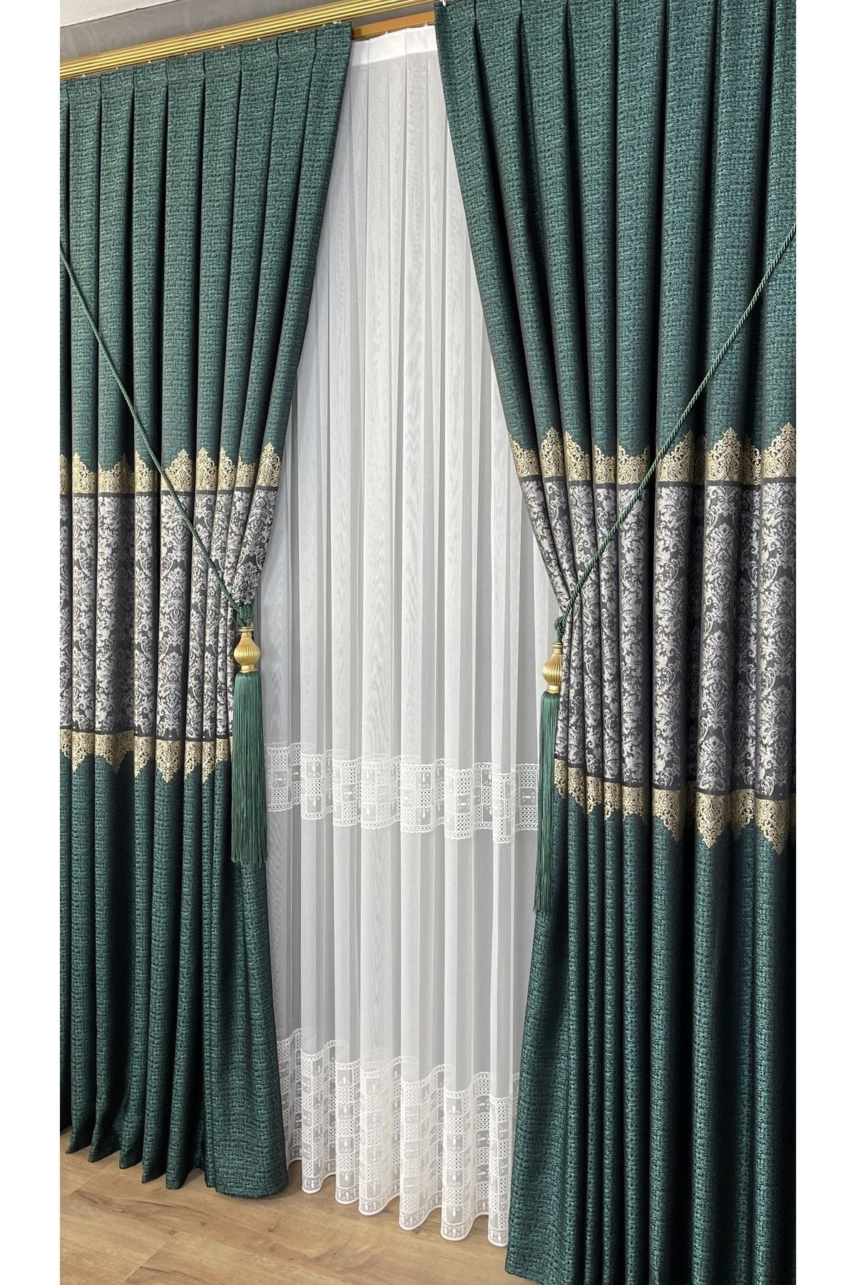 Yuka Pano Fon Curtain Emerald Green Grey Single Panel Dense Pleated Jacquard Shiny Pattern 80 X 280 7