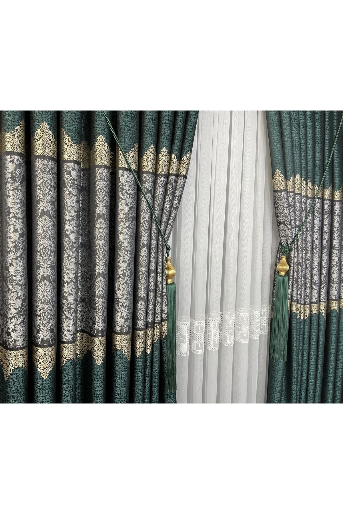 Yuka Pano Fon Curtain Emerald Green Grey Single Panel Dense Pleated Jacquard Shiny Pattern 80 X 280 8