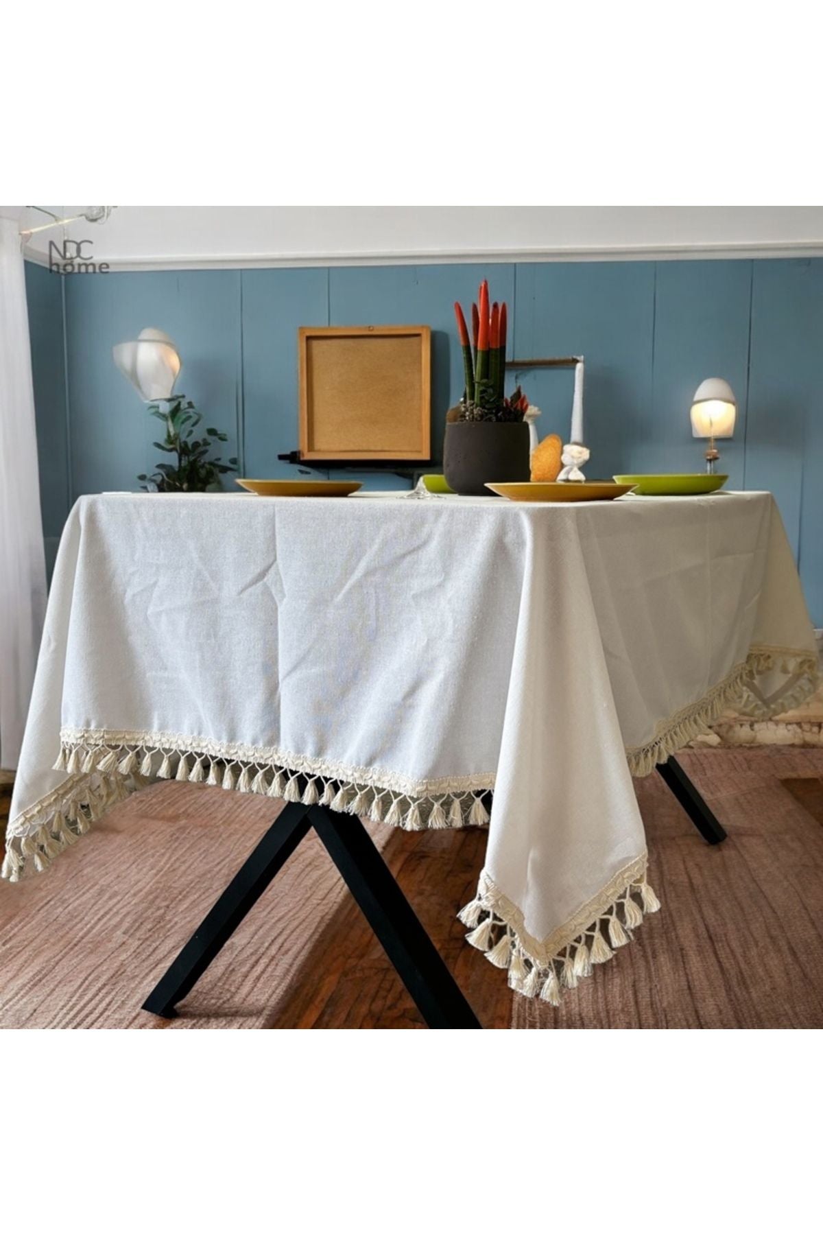 NDC HOME Organic Raw Linen Cream Pom-Pom Tablecloth 3