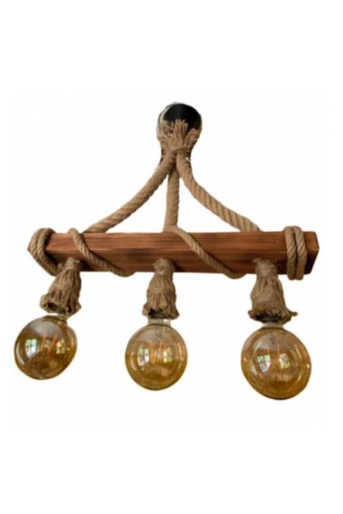 AhşapSepeti Wooden Decorative Chandelier with Rope 3-Piece Wooden Pendant Chandelier 1