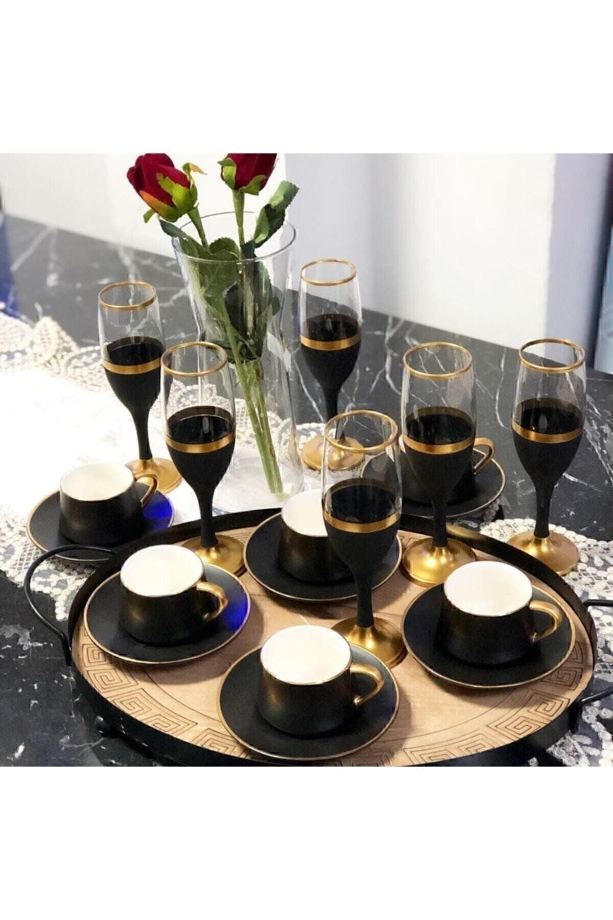 Paşabahçe El Dekor Gold Decorated Colorful 6-Person Coffee Side Water Glass Set, Bridal, Gift Set 1