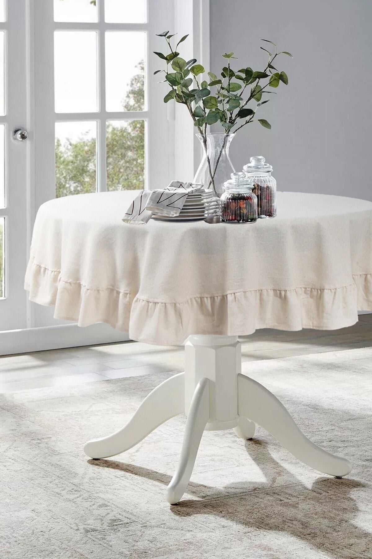 Cotton Maison Naturel Ruffled Tablecloth Vintage 130 Cm Round 1